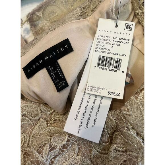 Aidan Mattox Gold Lace V Neck Front Slit Sleeveless Gown Sz 2 NWT MSPR $395 - Picture 8 of 8